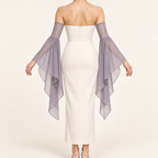 AI design preview: rear of lavender detached bell sleeves showing bare shoulders, separate upper-arm support and long draped hems