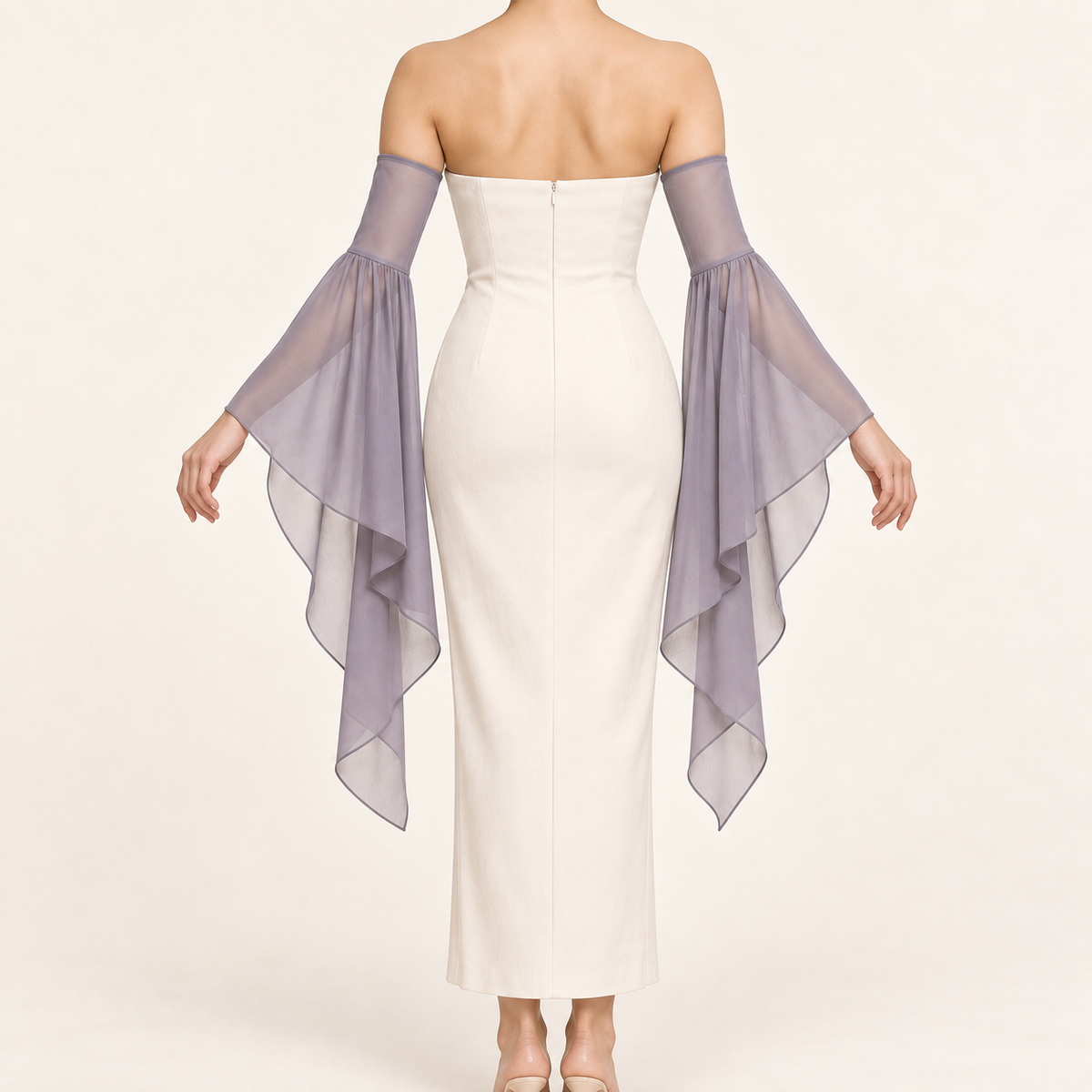 AI design preview: rear of lavender detached bell sleeves showing bare shoulders, separate upper-arm support and long draped hems