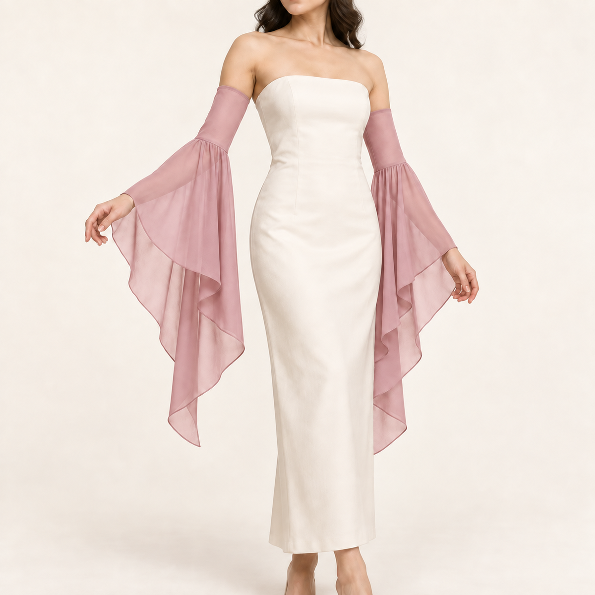 AI design preview: dusty rose color of the same removable upper-arm bell sleeves with long sheer drapes
