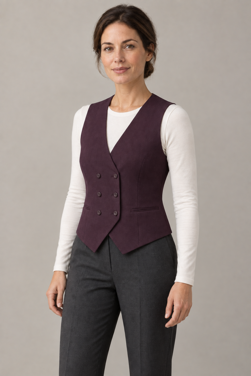 AI design preview: angled front of the same plum six-button waistcoat on the same woman, showing the V-neck and welt pockets