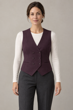 AI design preview: woman wearing a plum collarless double-breasted waistcoat with six buttons, welt pockets and pointed hems