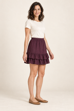 Three-quarter design preview of the plum mini skirt, showing the plain upper section and two independently hanging flounce hems