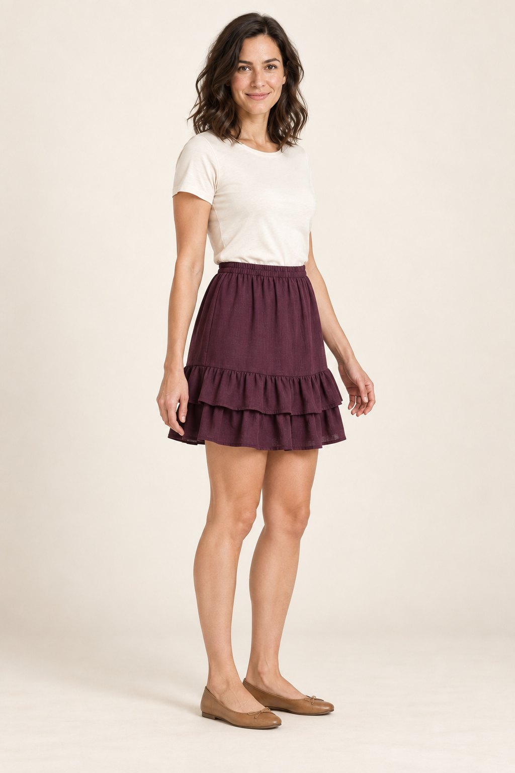 Three-quarter design preview of the plum mini skirt, showing the plain upper section and two independently hanging flounce hems