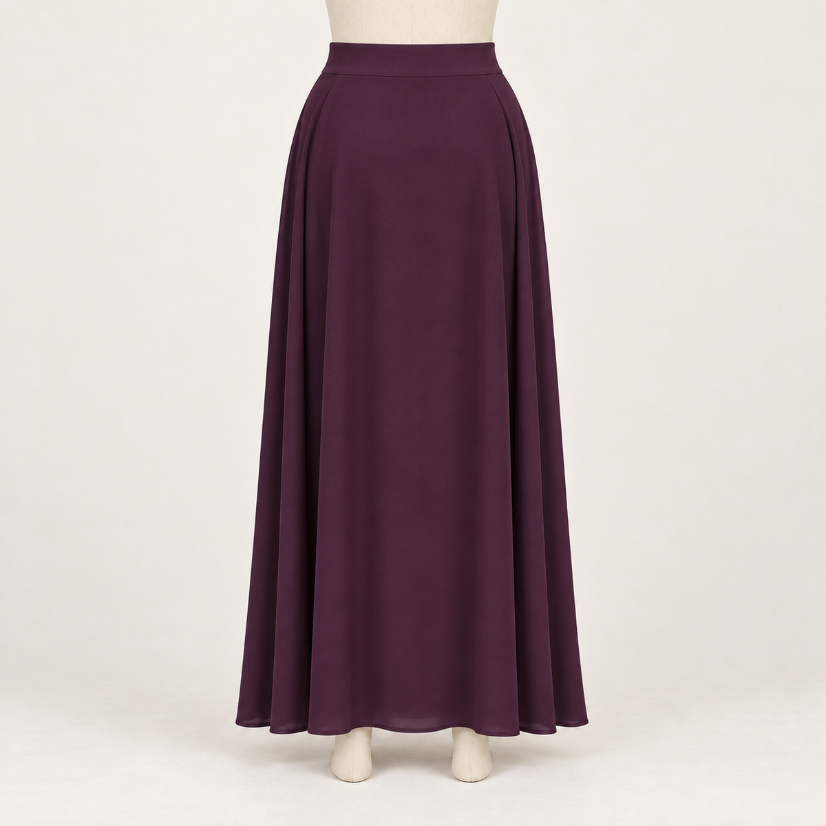AI design preview: closed rear of aubergine maxi skirt with level stretch waistband and ankle hem