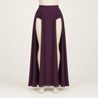AI design preview: aubergine double-slit maxi skirt front showing opaque brief hip coverage beneath long panels