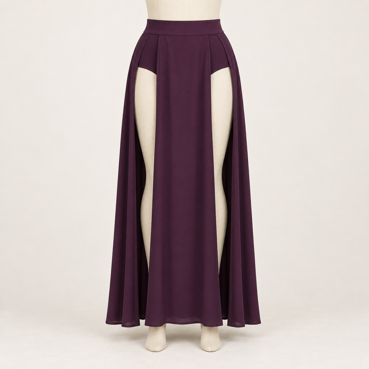 AI design preview: aubergine double-slit maxi skirt front showing opaque brief hip coverage beneath long panels