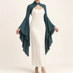AI design preview: deep teal short shoulder shrug with a rolled throat collar, curved open front and long asymmetric bell sleeves