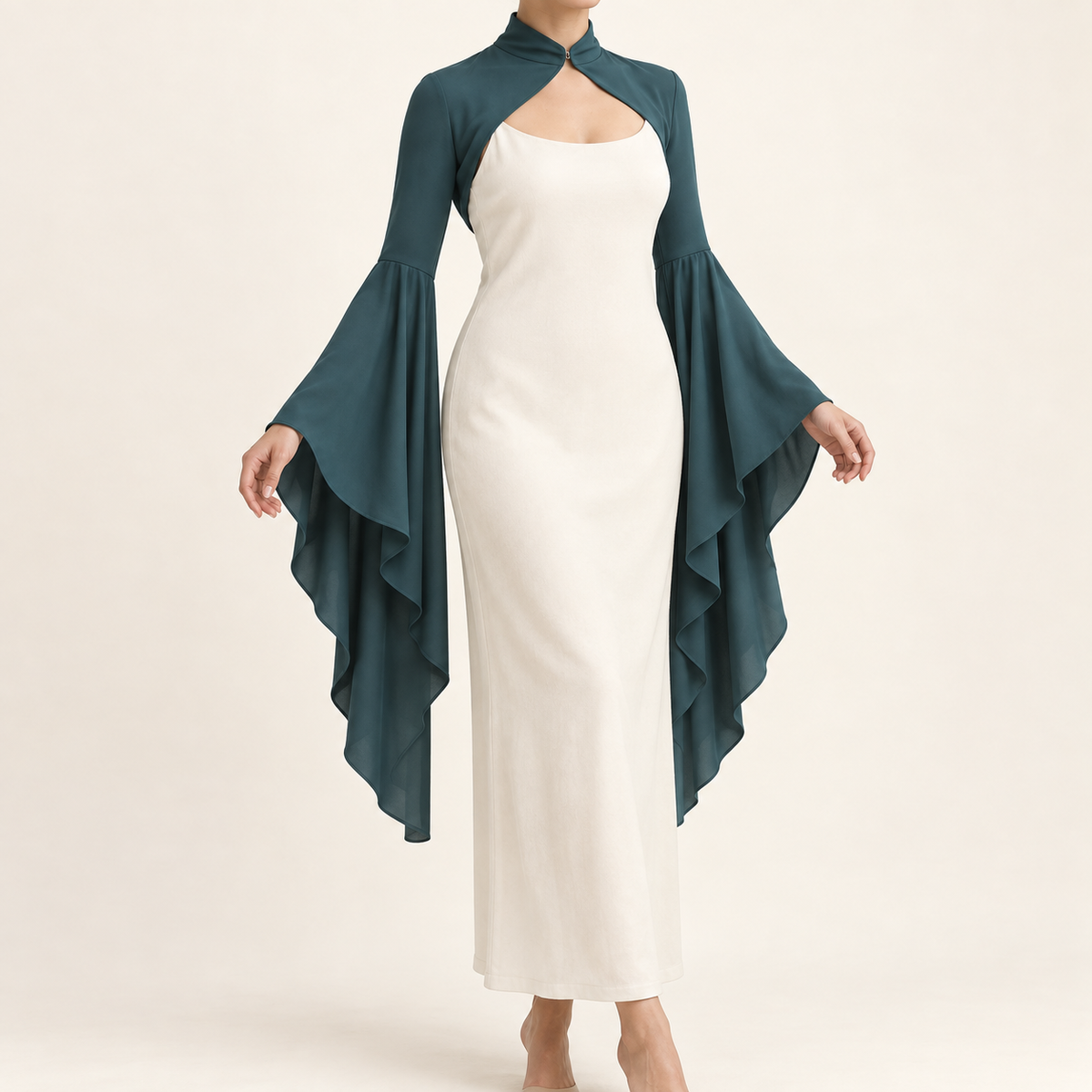 AI design preview: deep teal short shoulder shrug with a rolled throat collar, curved open front and long asymmetric bell sleeves
