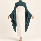 AI design preview: rear of teal draped-sleeve shrug showing the short upper-back yoke, covered shoulders and long sleeve drapes