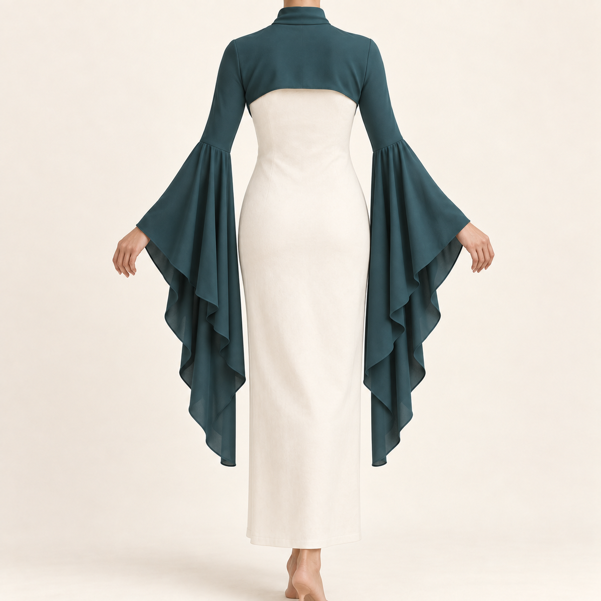 AI design preview: rear of teal draped-sleeve shrug showing the short upper-back yoke, covered shoulders and long sleeve drapes
