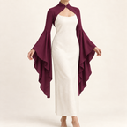 AI design preview: mulberry color of the same short throat-fastened shrug with long draped bell sleeves; dress is styling only