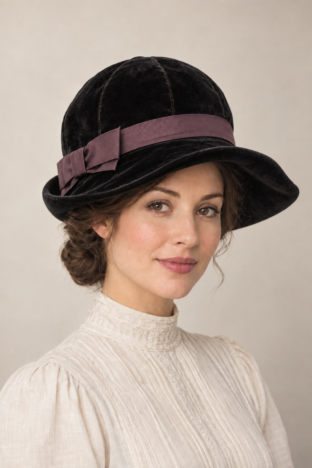 AI design illustration of the Edwardian hat's narrower asymmetric bias-brim view in black velvet with plum ribbon