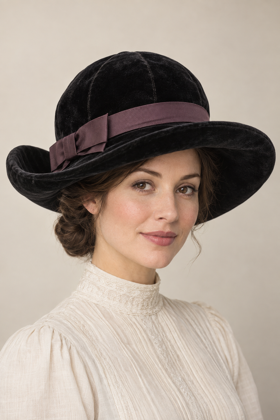 AI design illustration of a black Edwardian rolled-brim hat with a gored crown and muted plum ribbon, front view