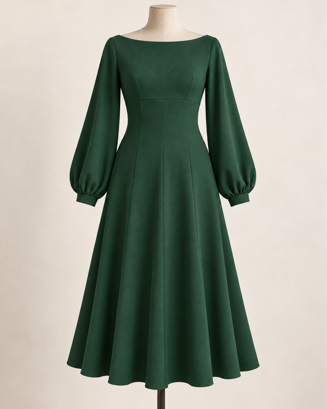 AI preview: forest-green color option of the same empire-gored balloon-sleeve midi dress.