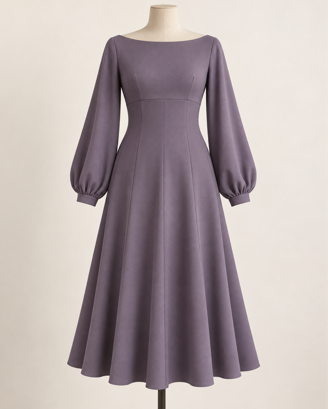 AI preview: smoky-violet midi dress with a boat neckline, empire seam, shaped gores and long balloon sleeves.