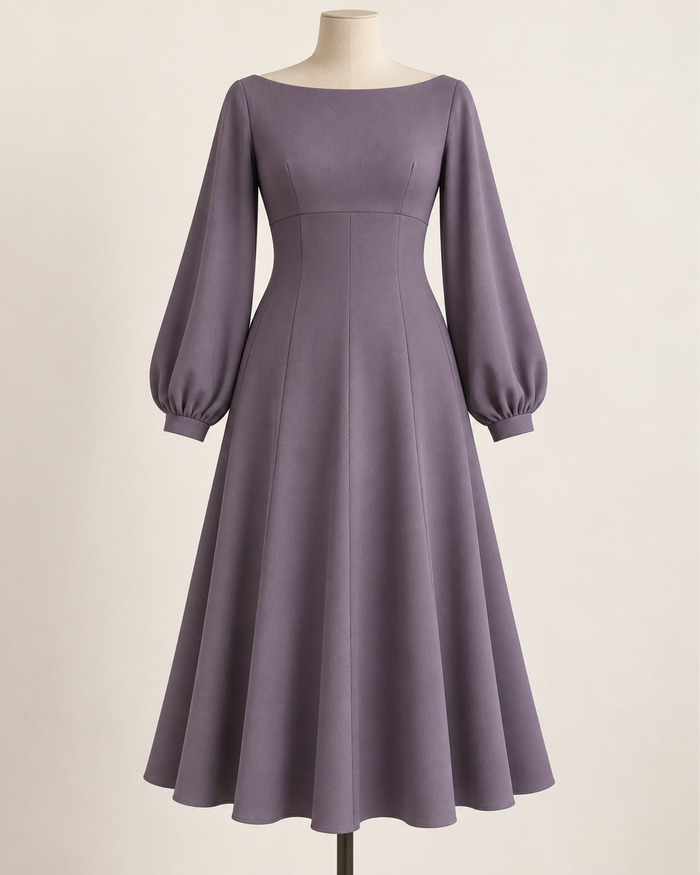 AI preview: smoky-violet midi dress with a boat neckline, empire seam, shaped gores and long balloon sleeves.