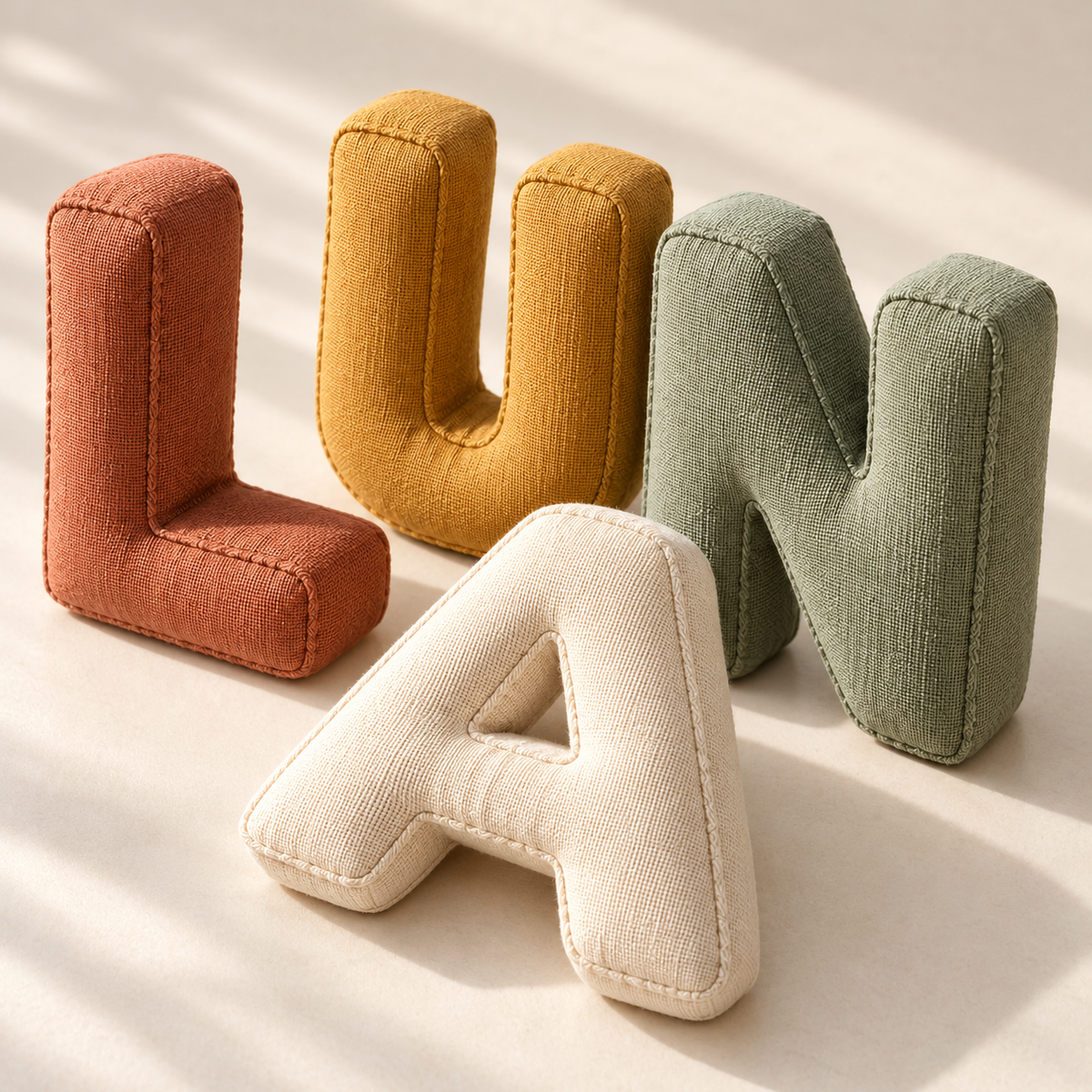 Close view of four stuffed alphabet letters with the ivory A showing its inner gusset and fabric seams