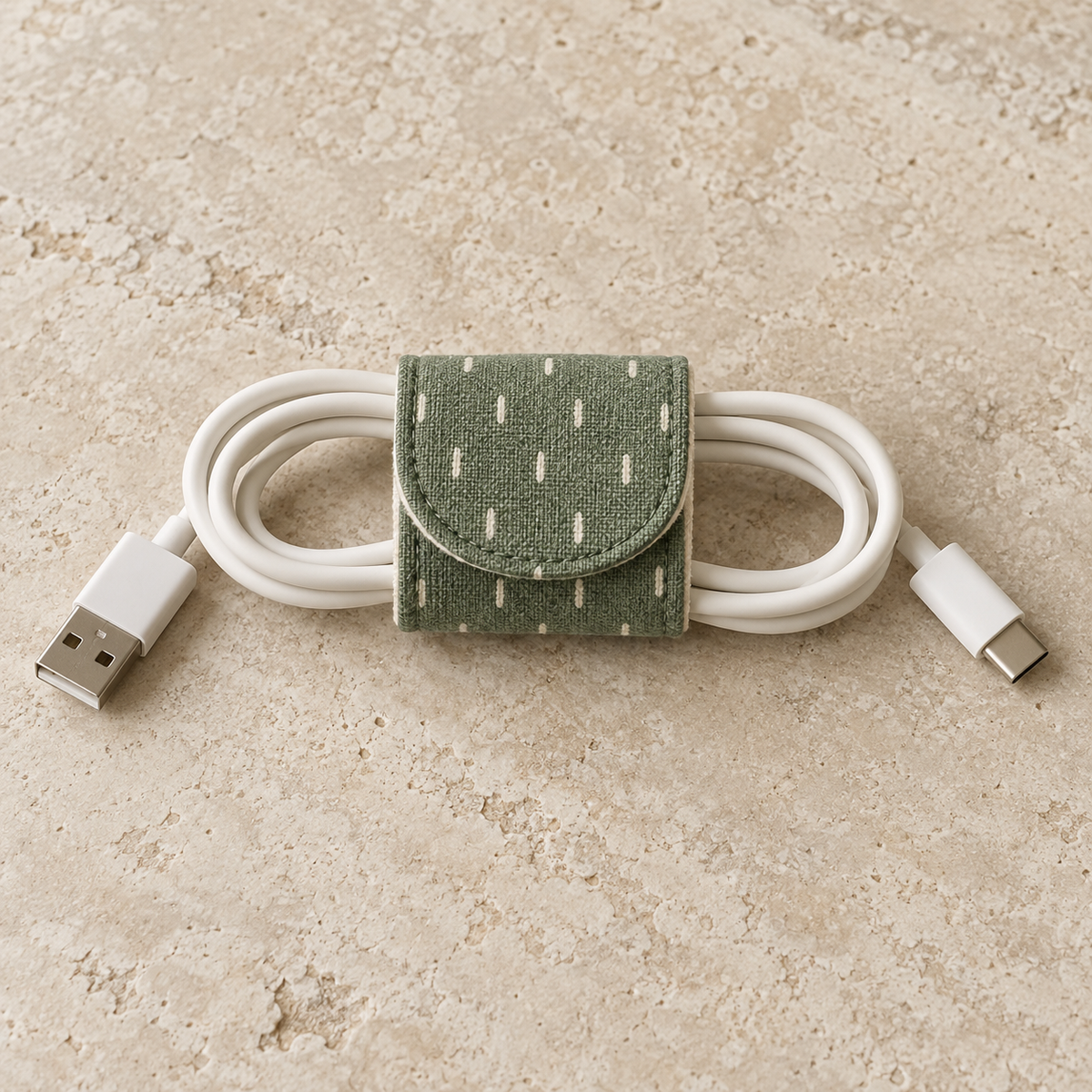 Design preview: sage cotton cord wrap with a rounded flap closed around the middle of a coiled ivory cable.