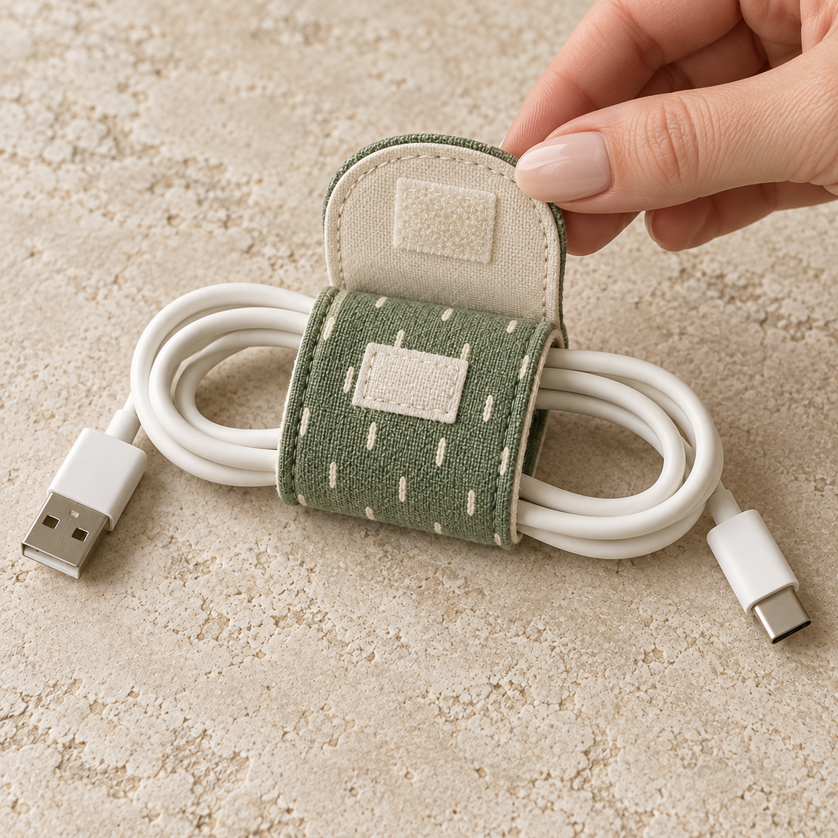 Design preview: rounded flap lifted to show the matching hook-and-loop patches and cream lining of the sage cord wrap.