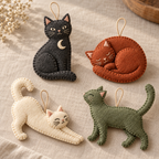 Angled view of four padded felt cat ornaments showing their thin construction and hanging loops.