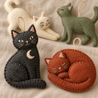 Close view of blanket stitching, embroidered faces and crescent applique on felt cat ornaments.