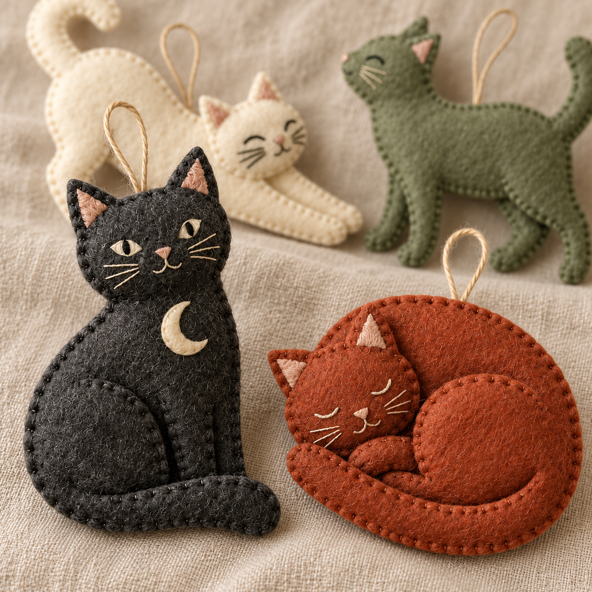 Close view of blanket stitching, embroidered faces and crescent applique on felt cat ornaments.