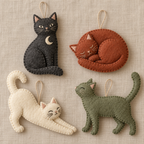 Four hand-stitched felt cat ornaments in charcoal, terracotta, ivory and sage on oatmeal linen.