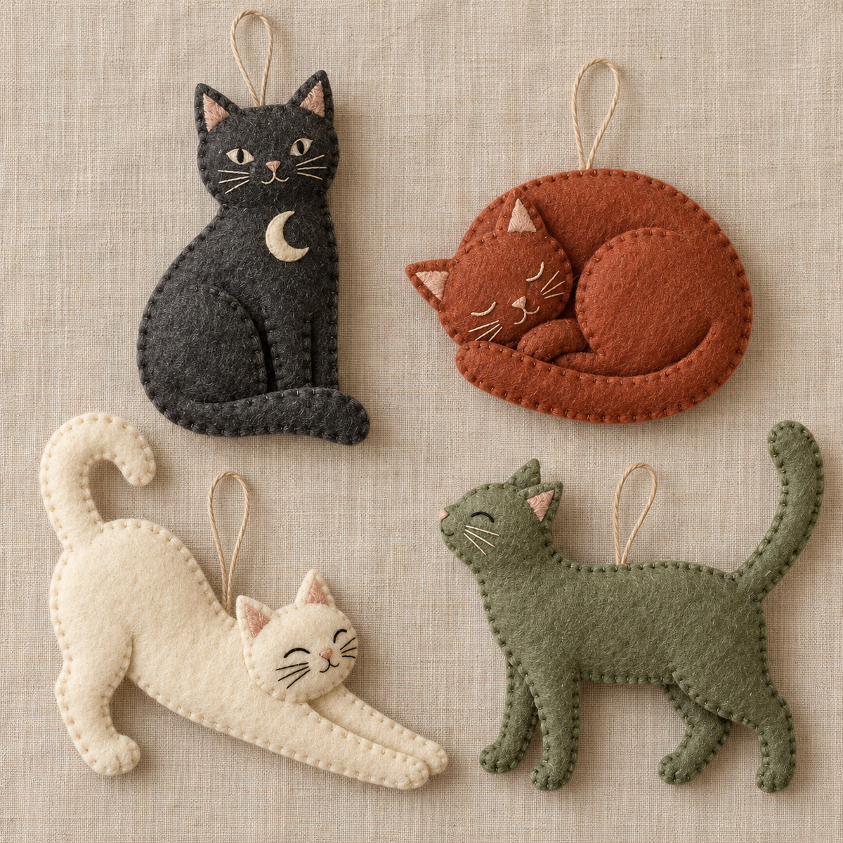 Four hand-stitched felt cat ornaments in charcoal, terracotta, ivory and sage on oatmeal linen.