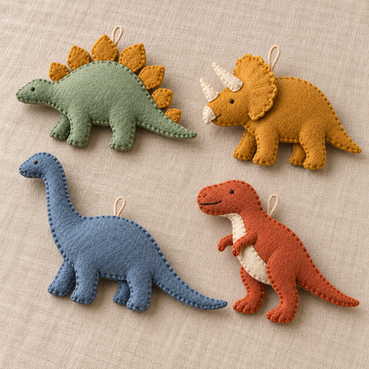 Angled view of a four-dinosaur felt ornament set showing padded edges and hand stitching.