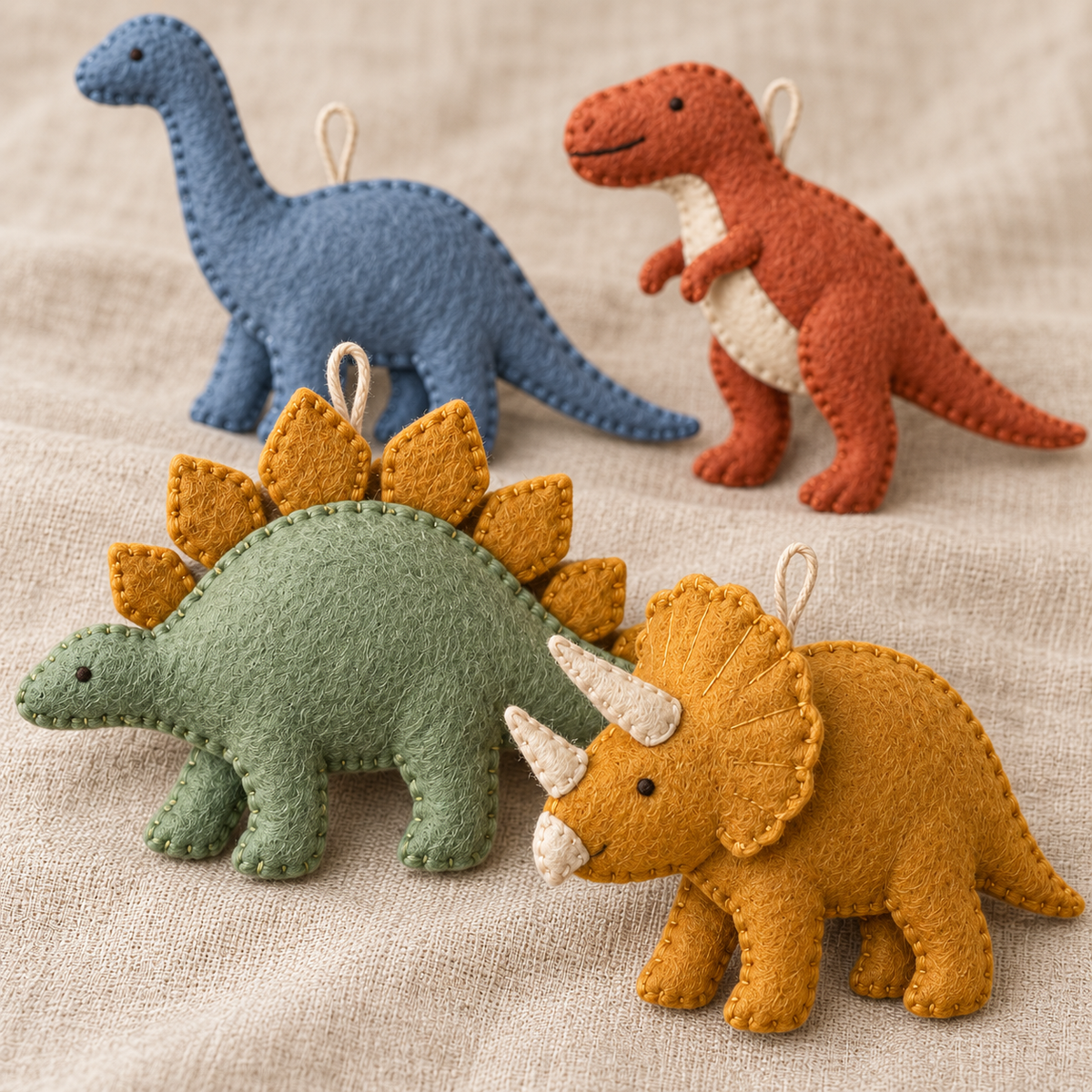 Close detail of felt dinosaur ornaments with embroidered eyes, layered horns and blanket stitches.