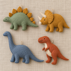 Four felt dinosaur ornaments: sage stegosaurus, ochre triceratops, slate sauropod and terracotta T-rex.
