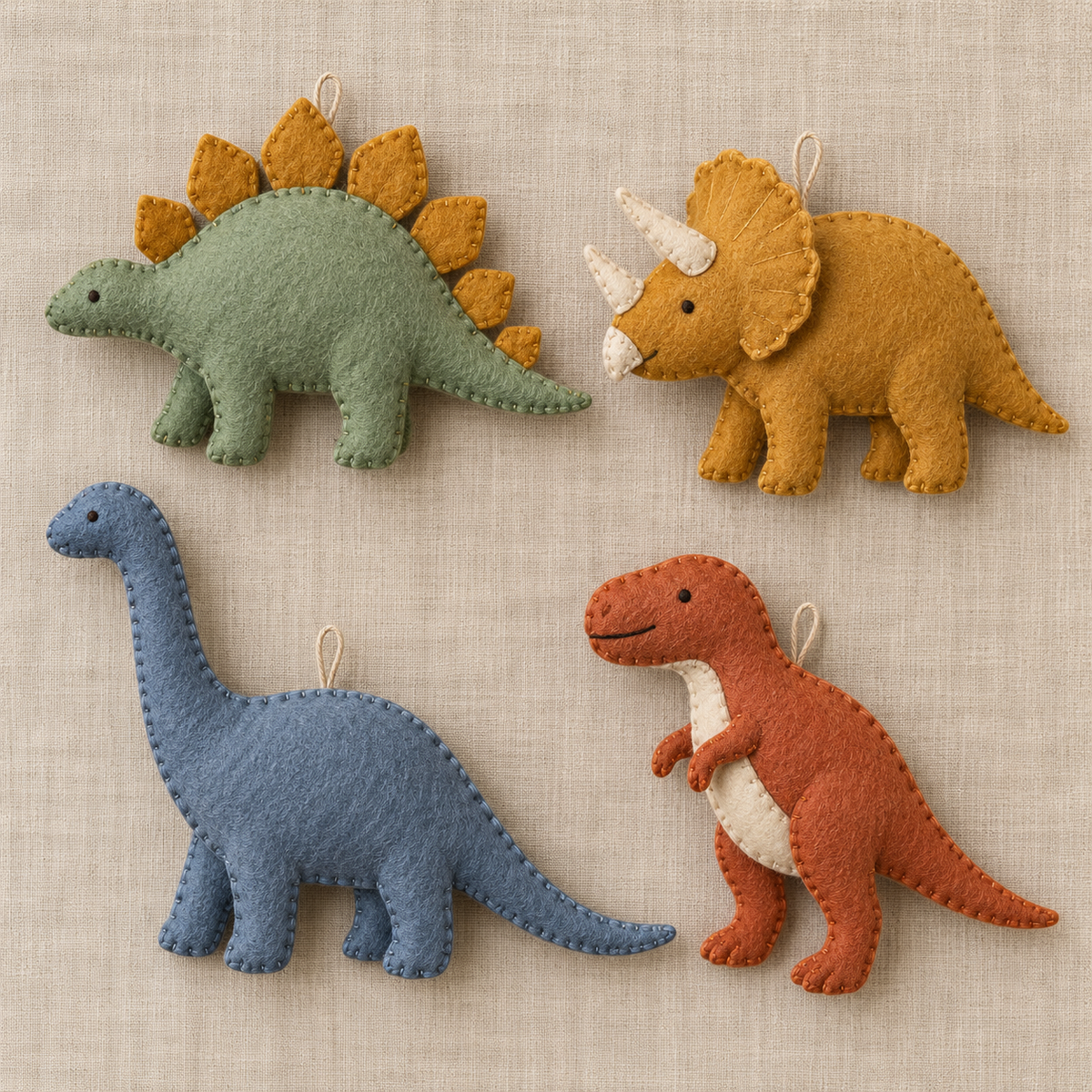 Four felt dinosaur ornaments: sage stegosaurus, ochre triceratops, slate sauropod and terracotta T-rex.