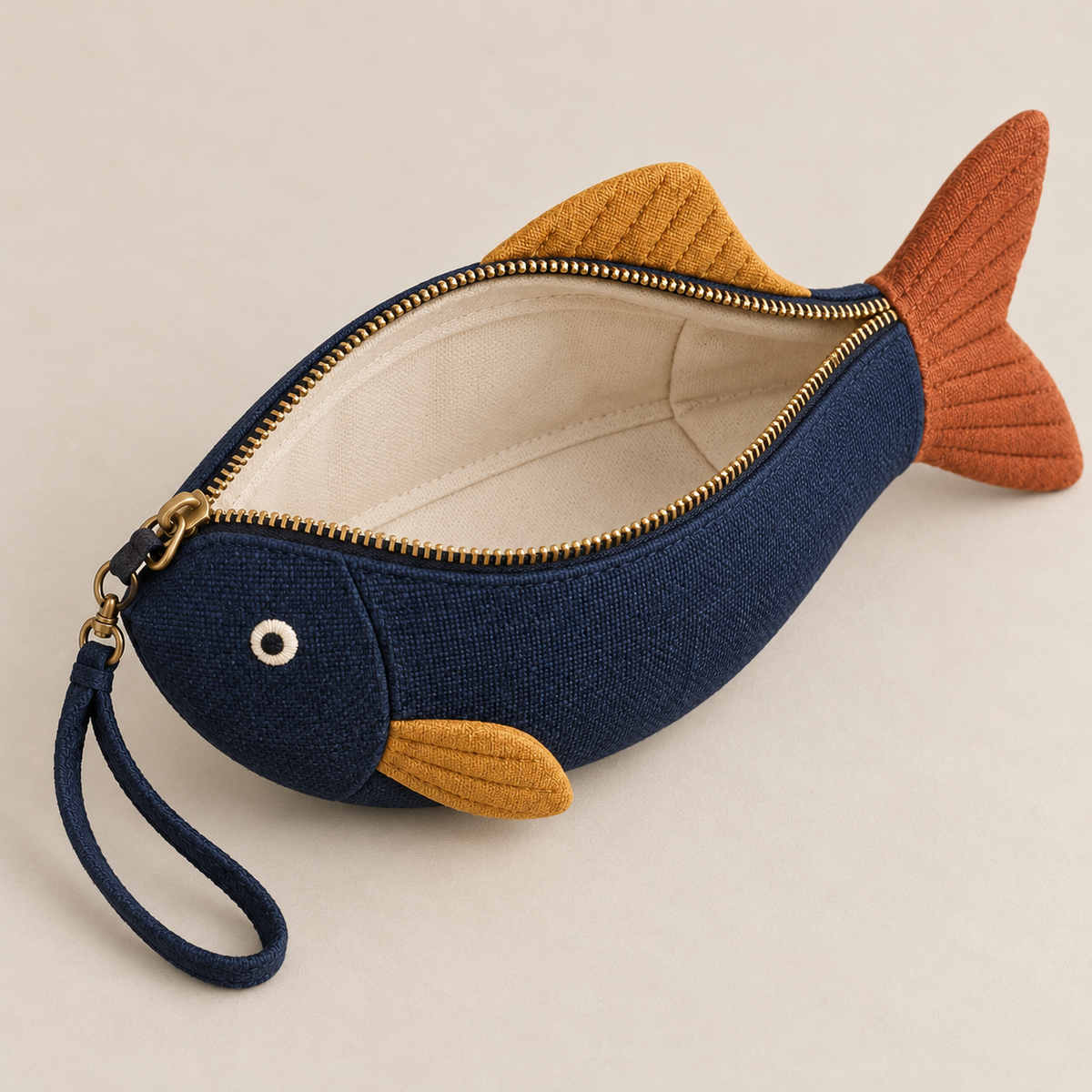 Open brass zipper revealing the cream cotton lining inside the fish-shaped pouch