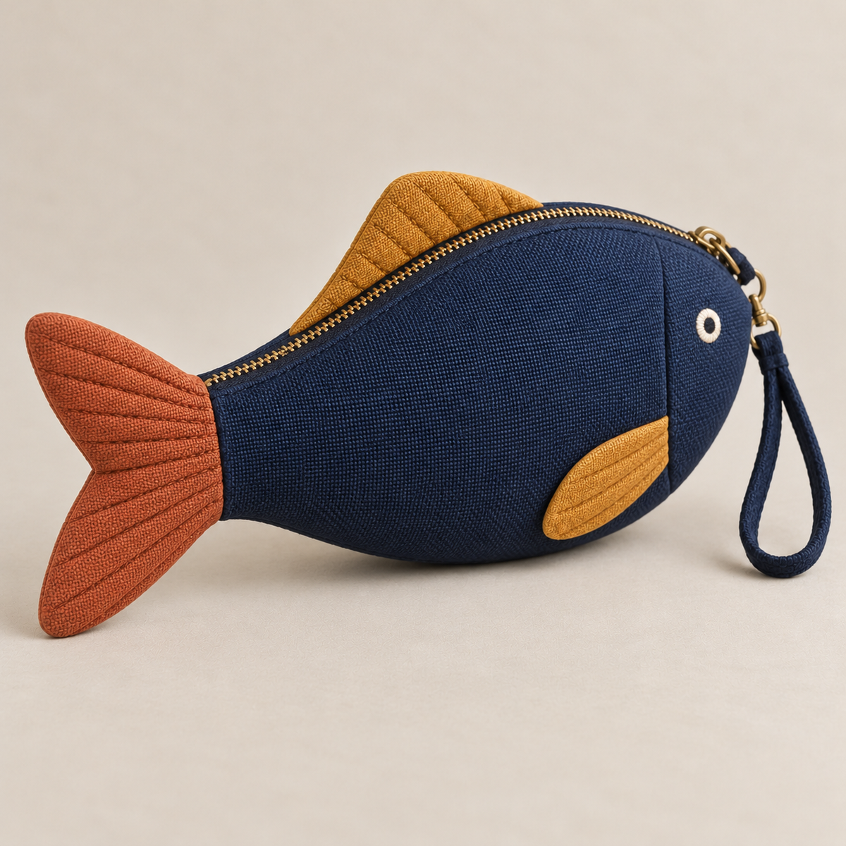 Reverse view of the lined fish wristlet pouch showing the curved body and stitched fins