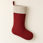 AI design preview: cranberry decorative Christmas stocking with oatmeal fold-over cuff and one hanging loop, front view
