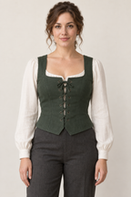 AI design preview: adult woman in forest-green short princess vest with broad straps, six pairs of eyelets and front lacing over an ivory blouse