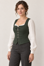 AI design preview: same adult woman and forest-green front-laced vest in three-quarter view, showing princess seams and gently pointed lower fronts