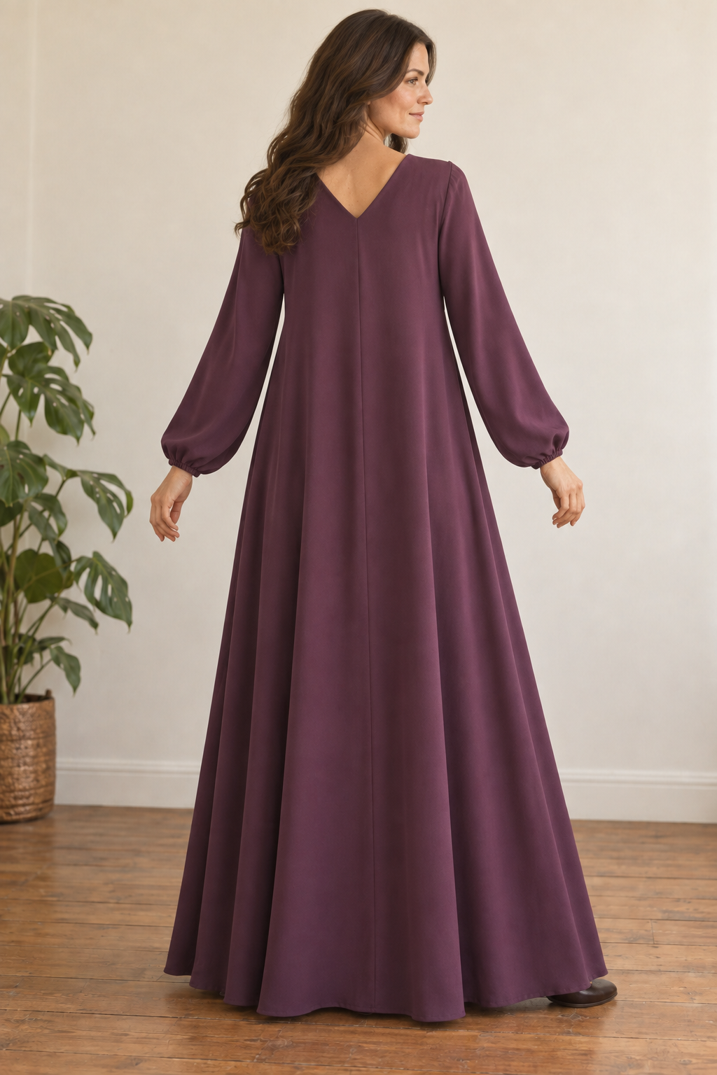 Rear design preview of the lounge gown showing a V neckline and loose tent body without a waist belt