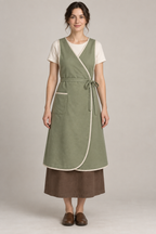 AI design preview: sage front-wrap pinafore apron with ivory bound edges, side waist tie and one patch pocket