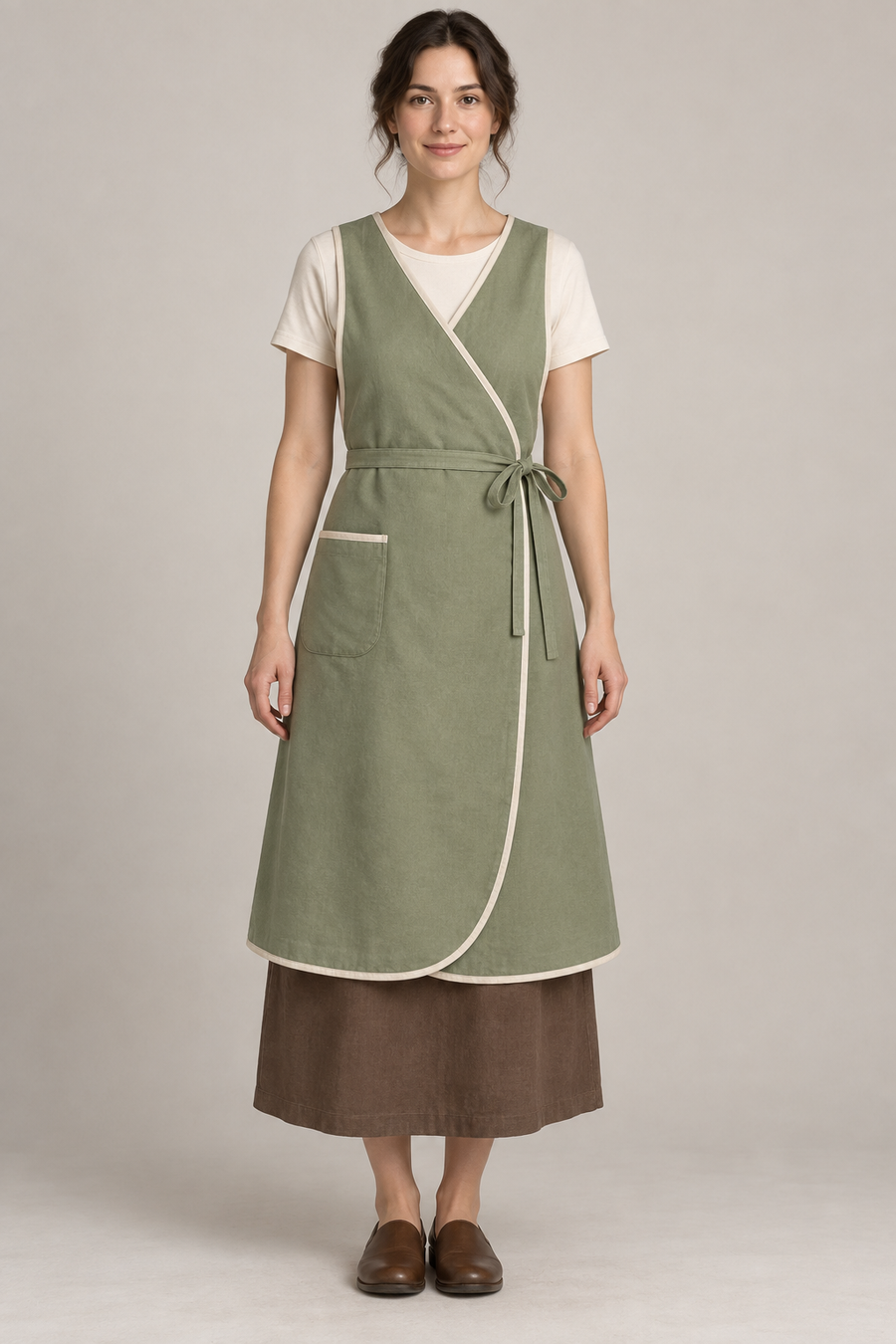 Design preview: sage front-wrap pinafore apron with ivory bound edges, side waist tie and one patch pocket