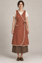 AI design preview: terracotta color of the same sleeveless front-wrap apron with ivory binding