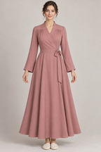AI design preview: dusty rose long wrap housecoat with gathers beneath shoulder joins, plain flared sleeves and waist sash