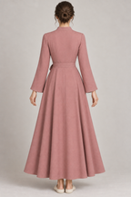 AI design preview: rear of dusty rose housecoat with smooth darted bodice, flat sash and full flared skirt