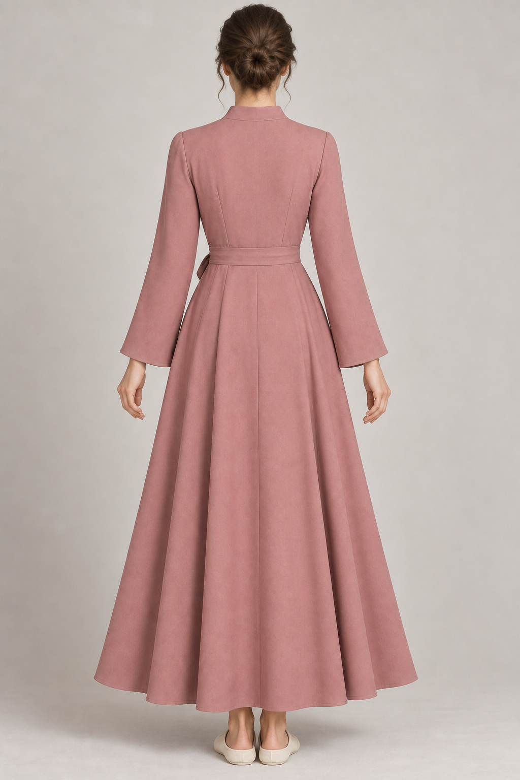 AI design preview: rear of dusty rose housecoat with smooth darted bodice, flat sash and full flared skirt