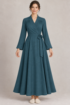AI design preview: deep teal color of the same gathered-shoulder wrap housecoat
