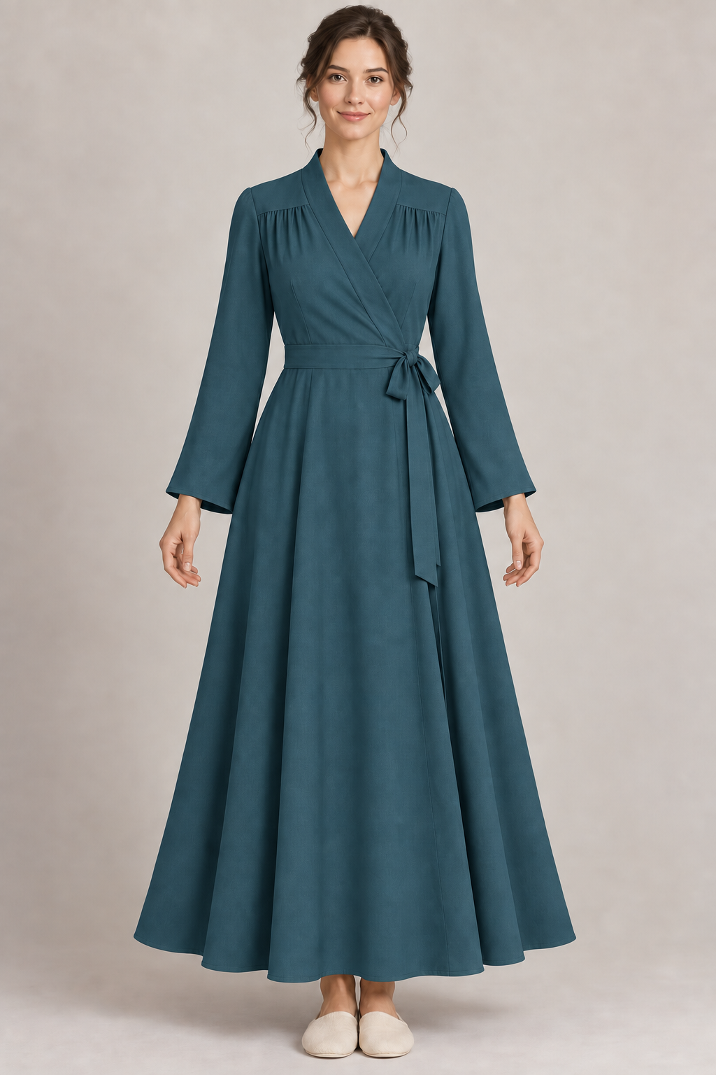 AI design preview: deep teal color of the same gathered-shoulder wrap housecoat