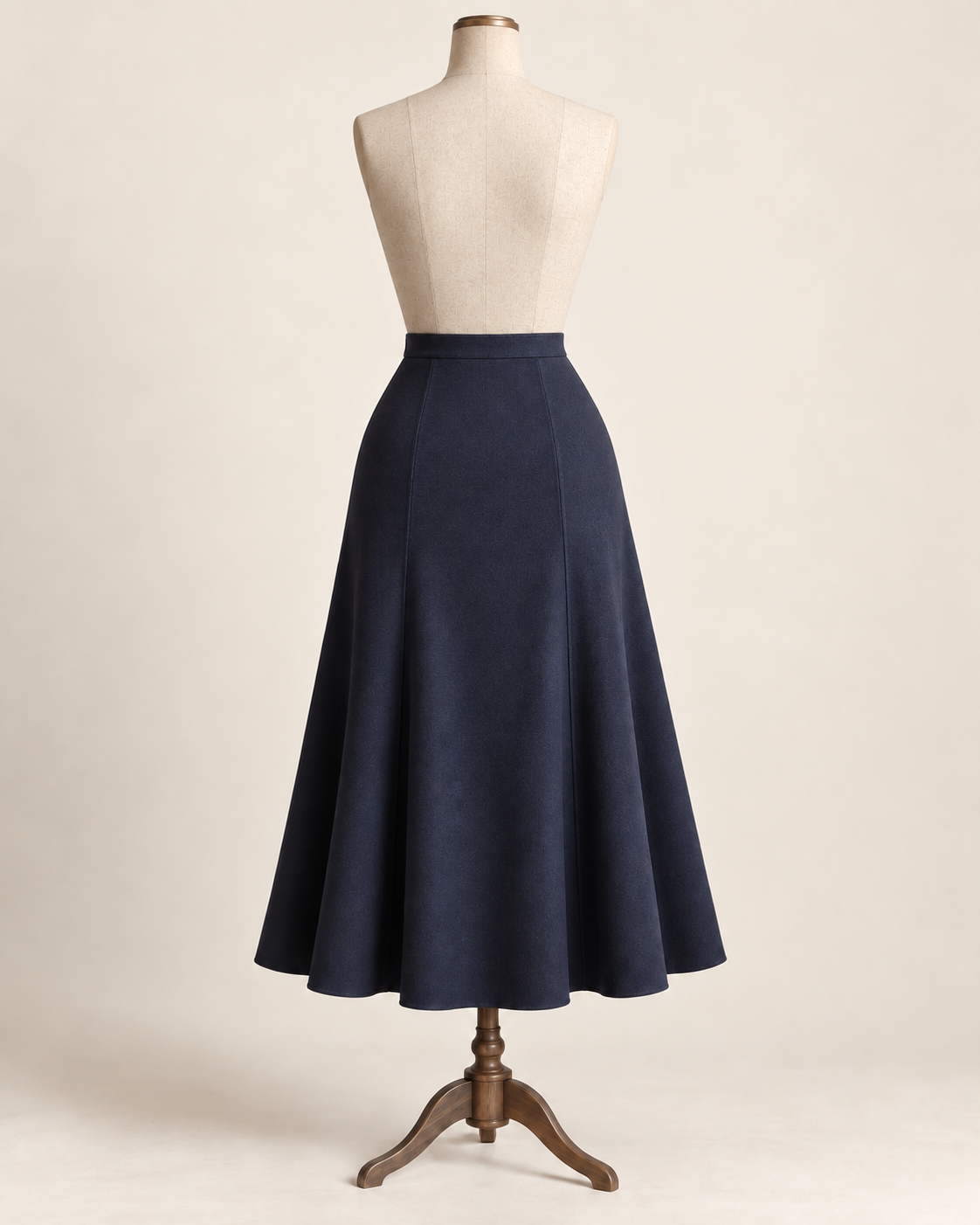 AI concept illustration of 1930s gored flared skirt, back view in ink navy, on a mannequin.