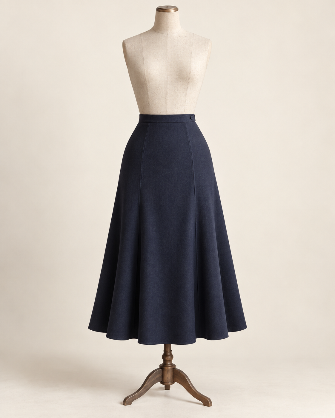 AI concept illustration of 1930s gored flared skirt, front view in ink navy, on a mannequin.