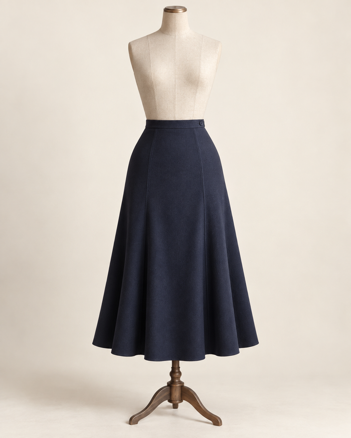 AI concept illustration of 1930s gored flared skirt, front view in ink navy, on a mannequin.