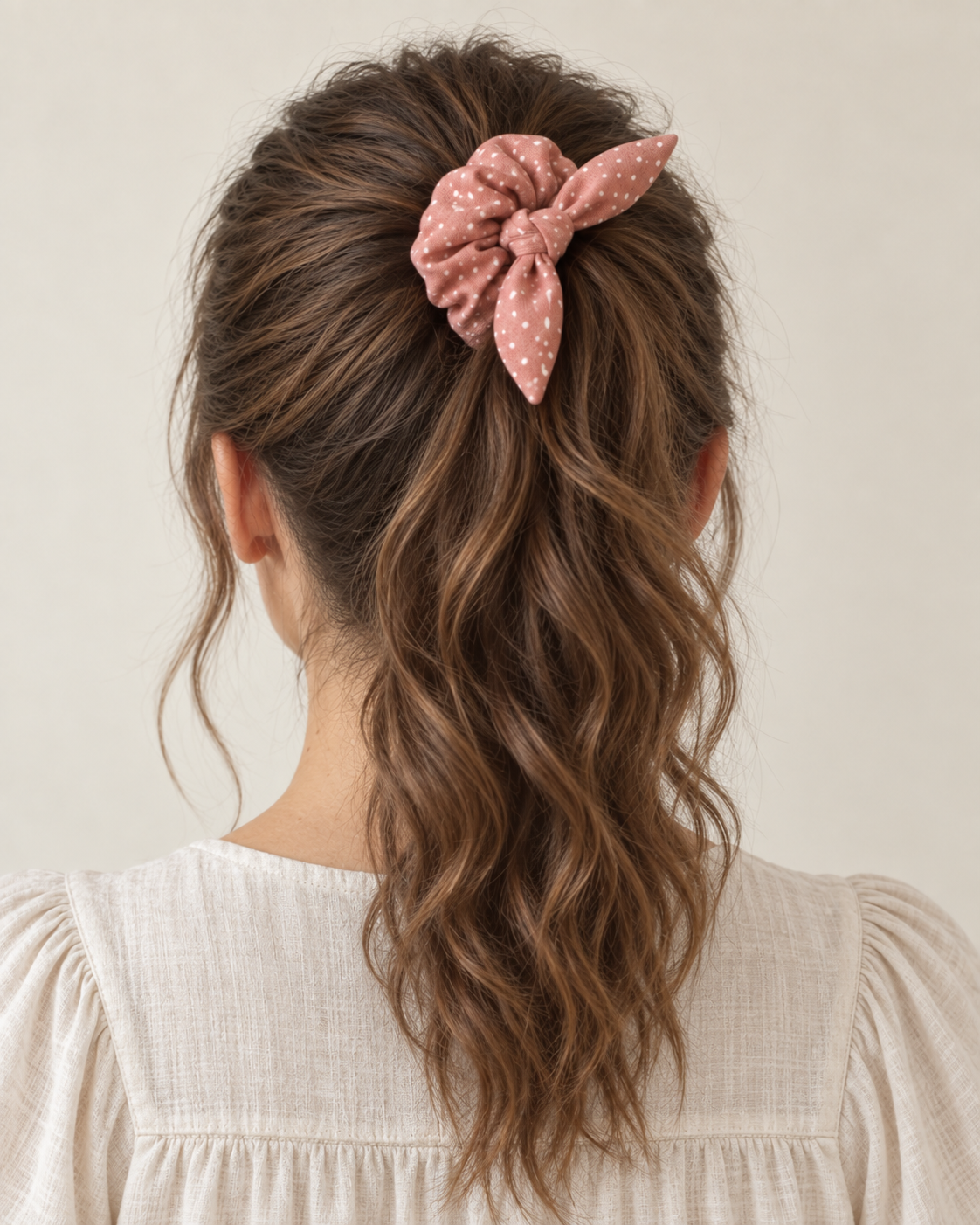 Design preview: same adult woman and dusty rose dotted hair scrunchie with the same short knotted bow, rear view
